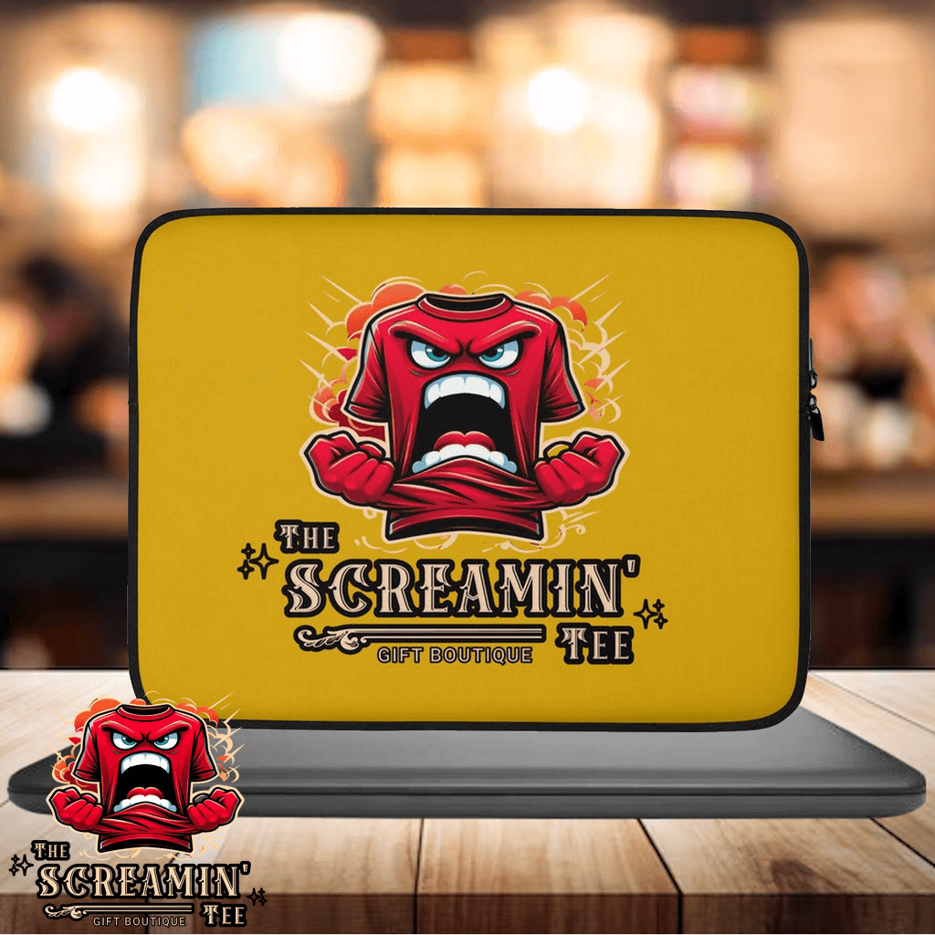 The Logo Laptop Sleeve | Topaz featuring a vibrant design with a yelling shirt and bold colors for stylish laptop protection.