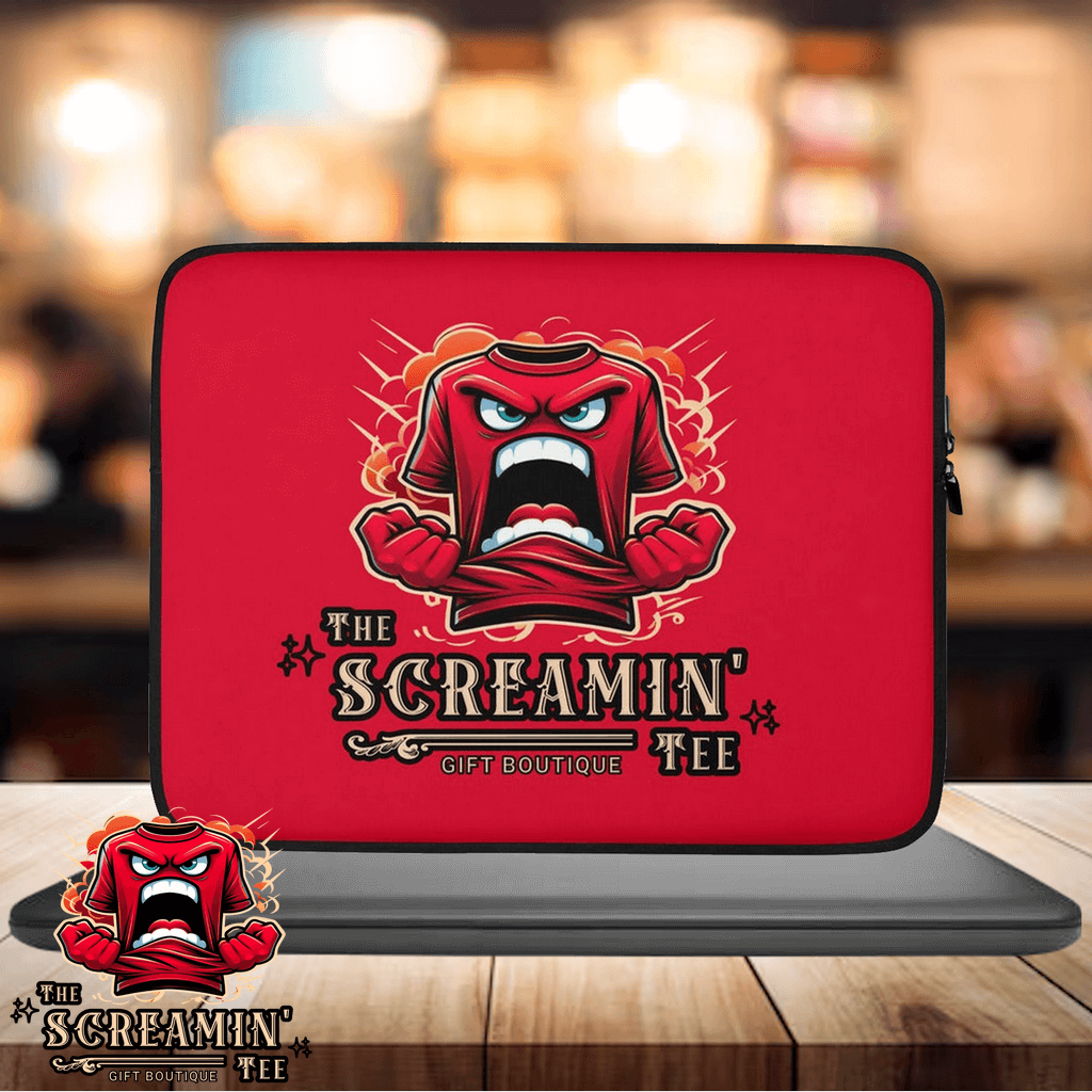 The Logo Laptop Sleeve | Ruby featuring a bold graphic design with vibrant red and angry character.