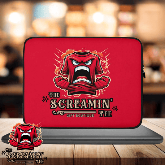 The Logo Laptop Sleeve | Ruby featuring a bold graphic design with vibrant red and angry character.