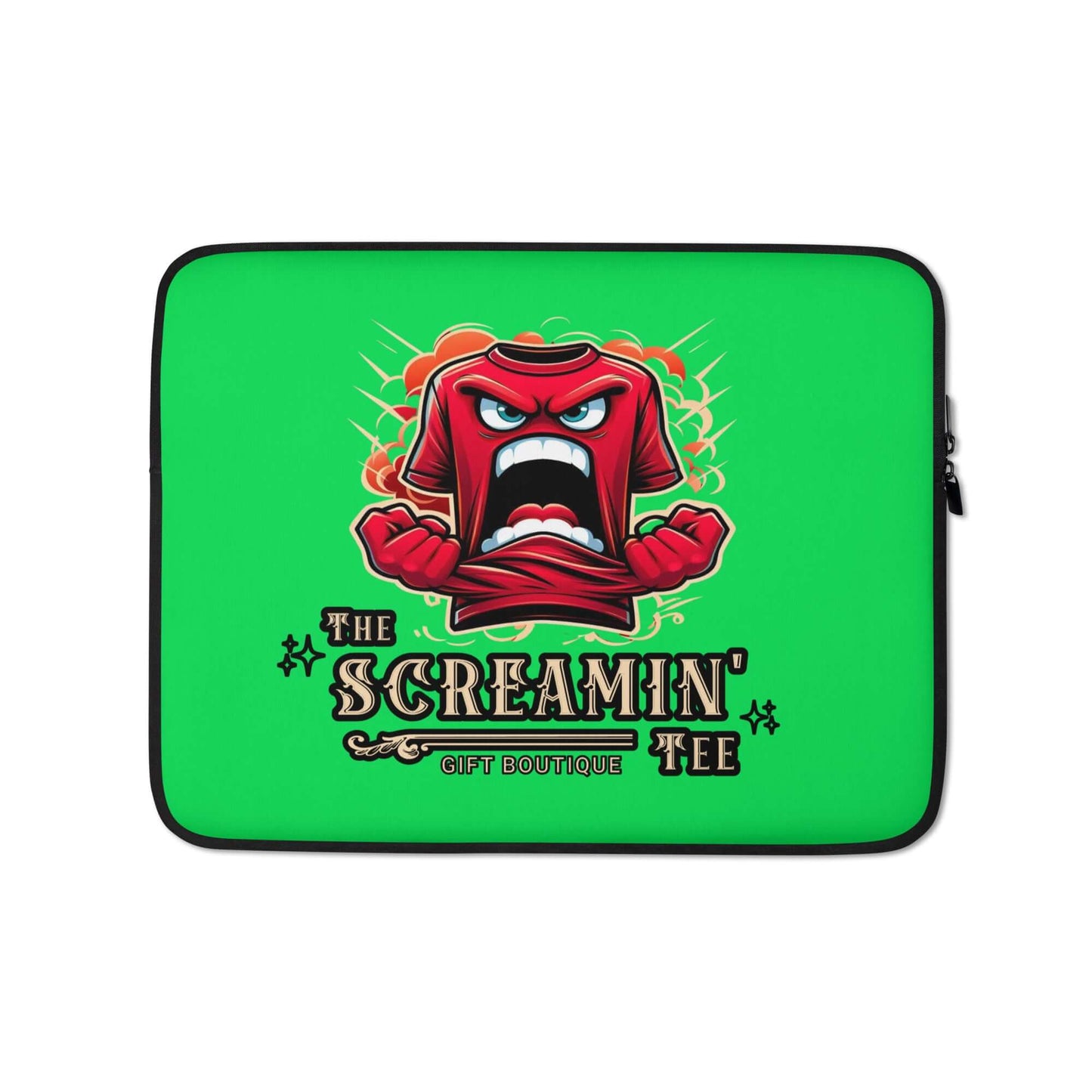 The Logo Laptop Sleeve | Peridot with vibrant green color and animated red shirt design, ideal for protecting your laptop.