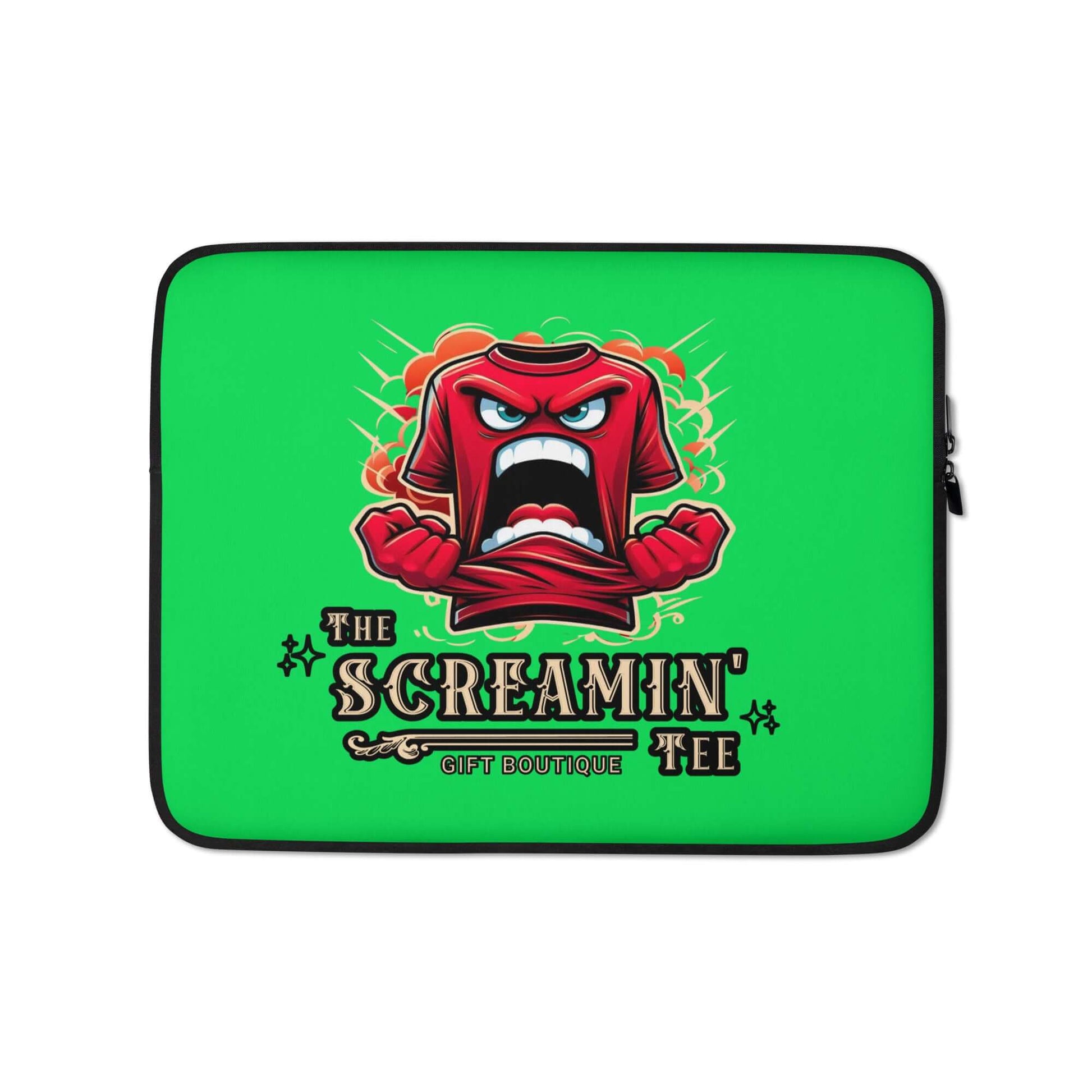 The Logo Laptop Sleeve | Peridot with vibrant green color and animated red shirt design, ideal for protecting your laptop.