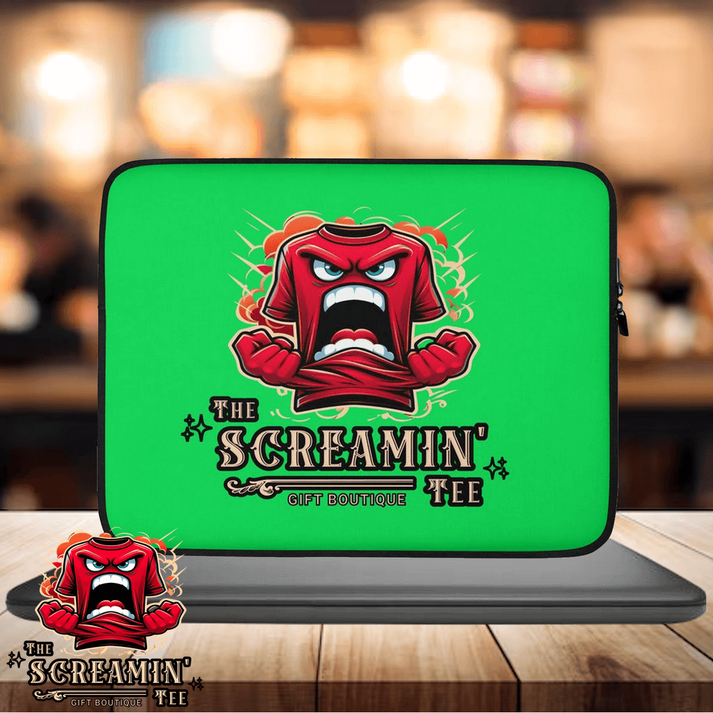The Logo Laptop Sleeve | Peridot featuring a vibrant green design with an animated shirt character expressing anger.