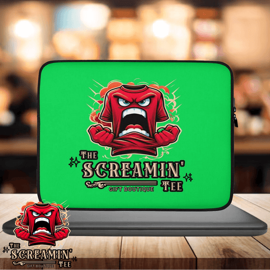 The Logo Laptop Sleeve | Peridot featuring a vibrant green design with an animated shirt character expressing anger.