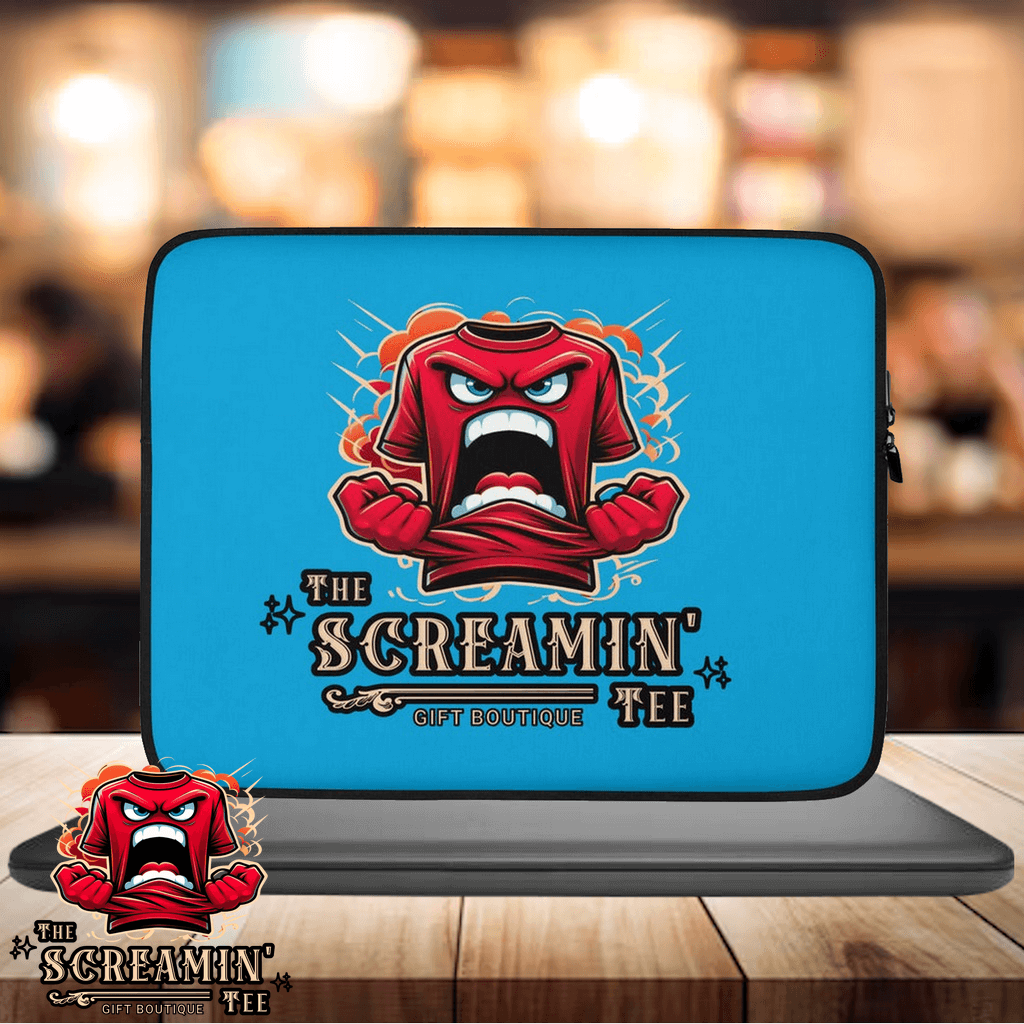 The Logo Laptop Sleeve | Lapis featuring a vibrant blue design and an expressive red character on the front.