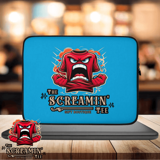 The Logo Laptop Sleeve | Lapis featuring a vibrant blue design and an expressive red character on the front.
