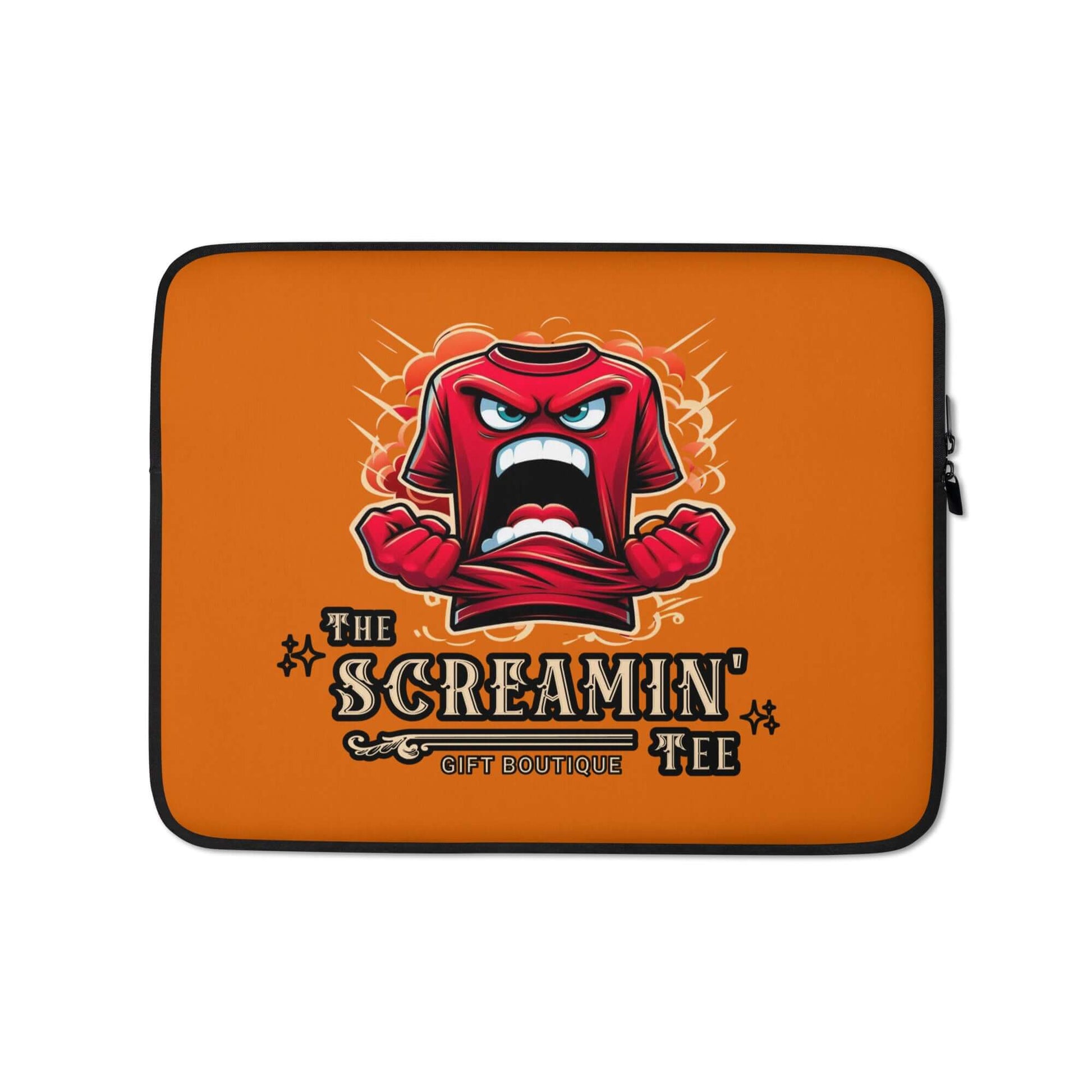 The Logo Laptop Sleeve | Jasper featuring a vibrant design with an angry shirt graphic on an orange background.