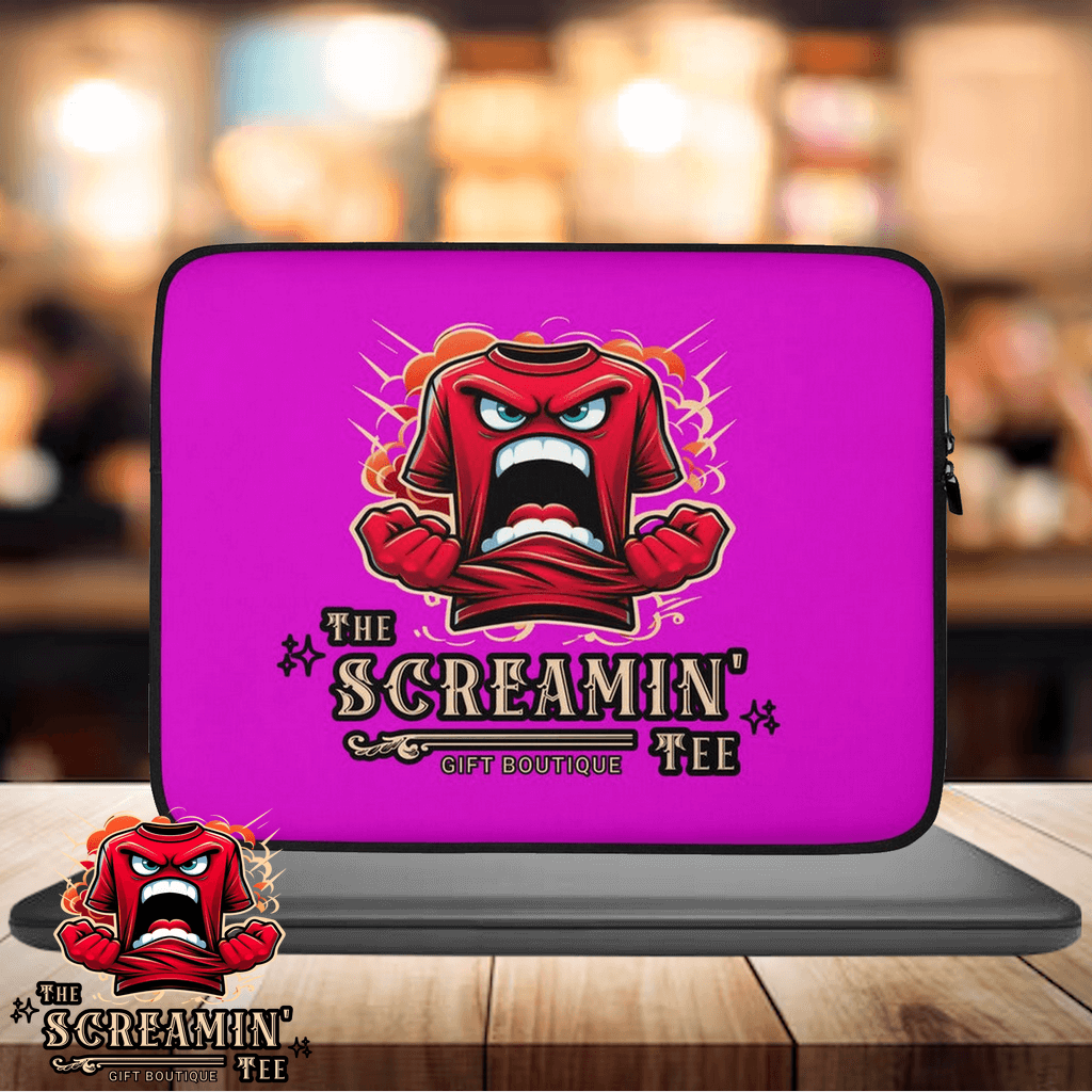 The Logo Laptop Sleeve | Garnet featuring a vibrant pink design with a cartoon character and bold text.