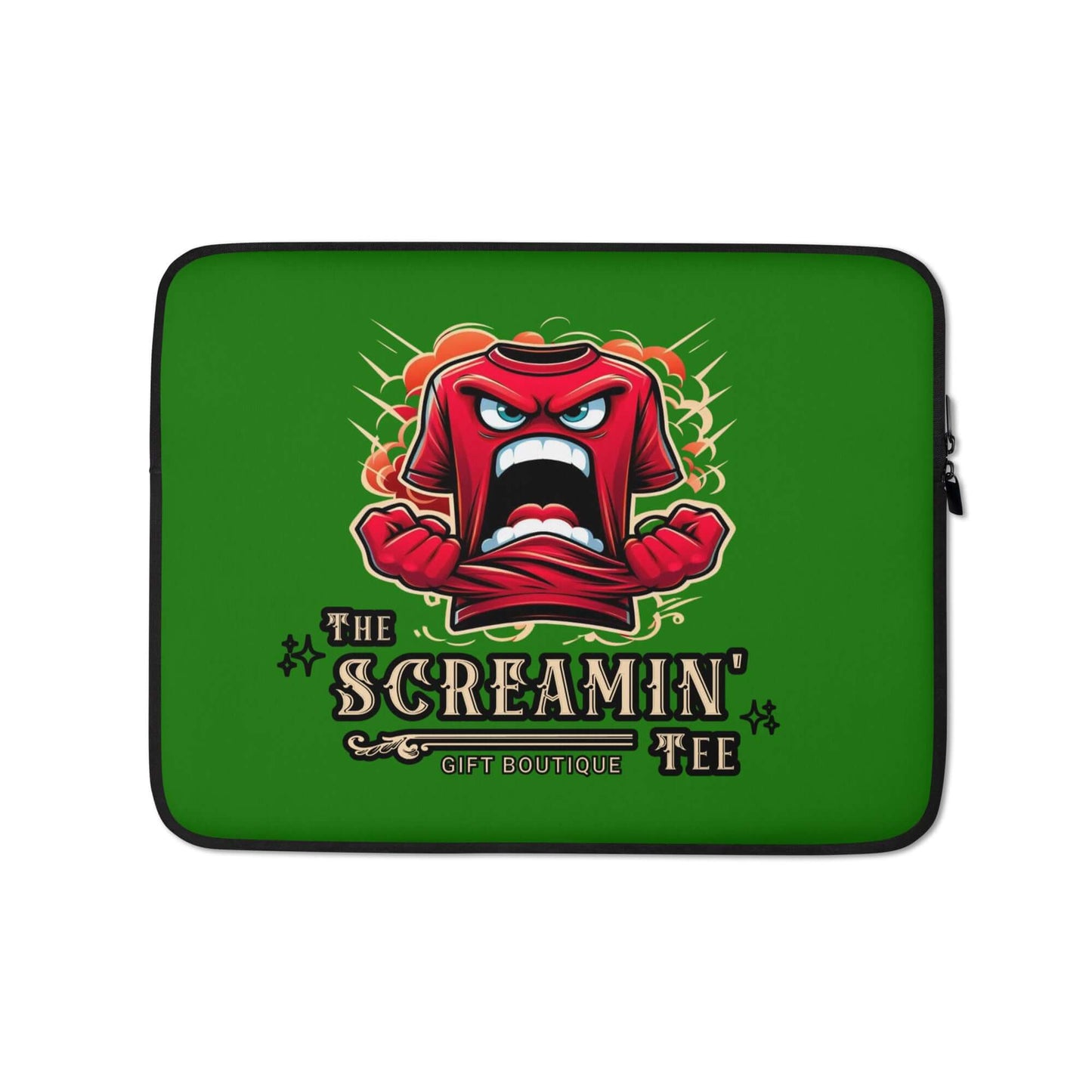 The Logo Laptop Sleeve | Emerald featuring vibrant design with screaming red tee graphic on green background.