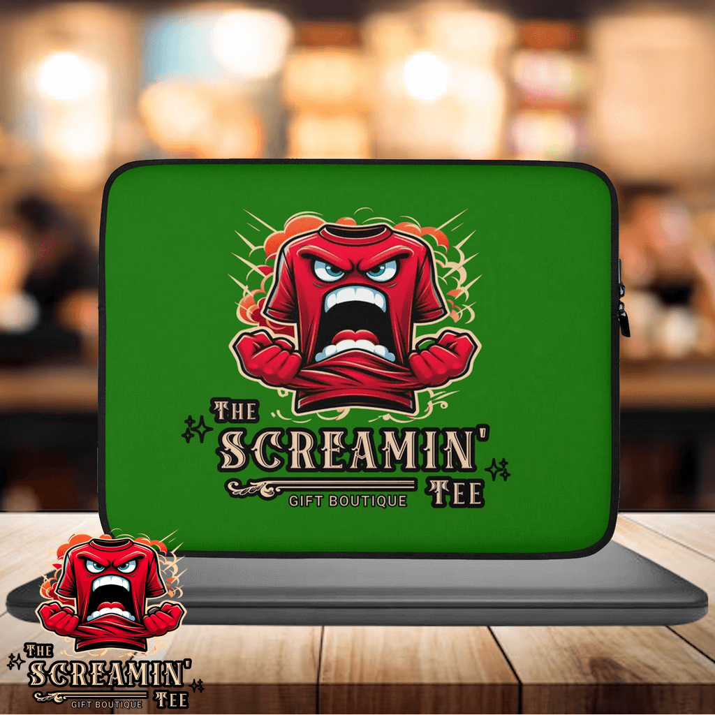 The Logo Laptop Sleeve | Emerald featuring a vibrant green design with a fierce graphic of a shirt.
