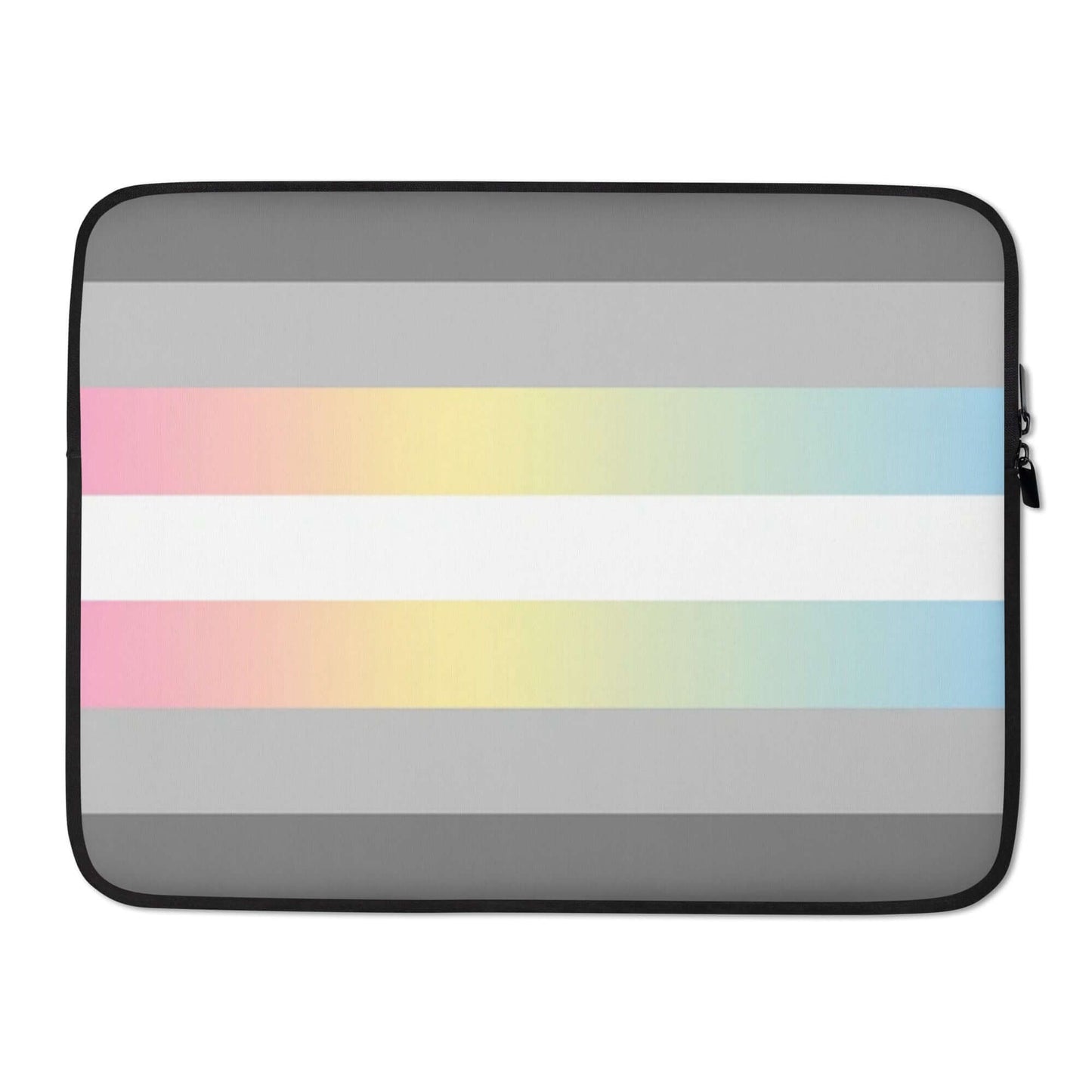 Demifluid Pride Laptop Sleeve with colorful gradient stripes on a gray background.