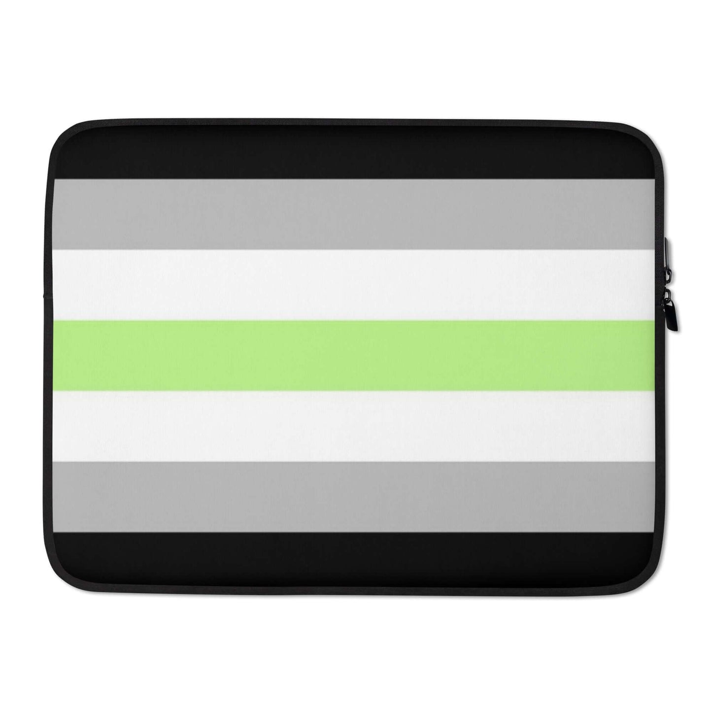 Agender Pride Laptop Sleeve with stripes in grey, white, and green, featuring a black trim for protection and style.