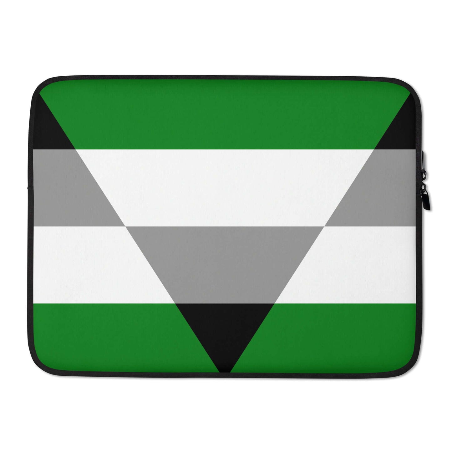 Aegoromantic Pride Laptop Sleeve featuring a stylish green, white, and gray design with triangle patterns.