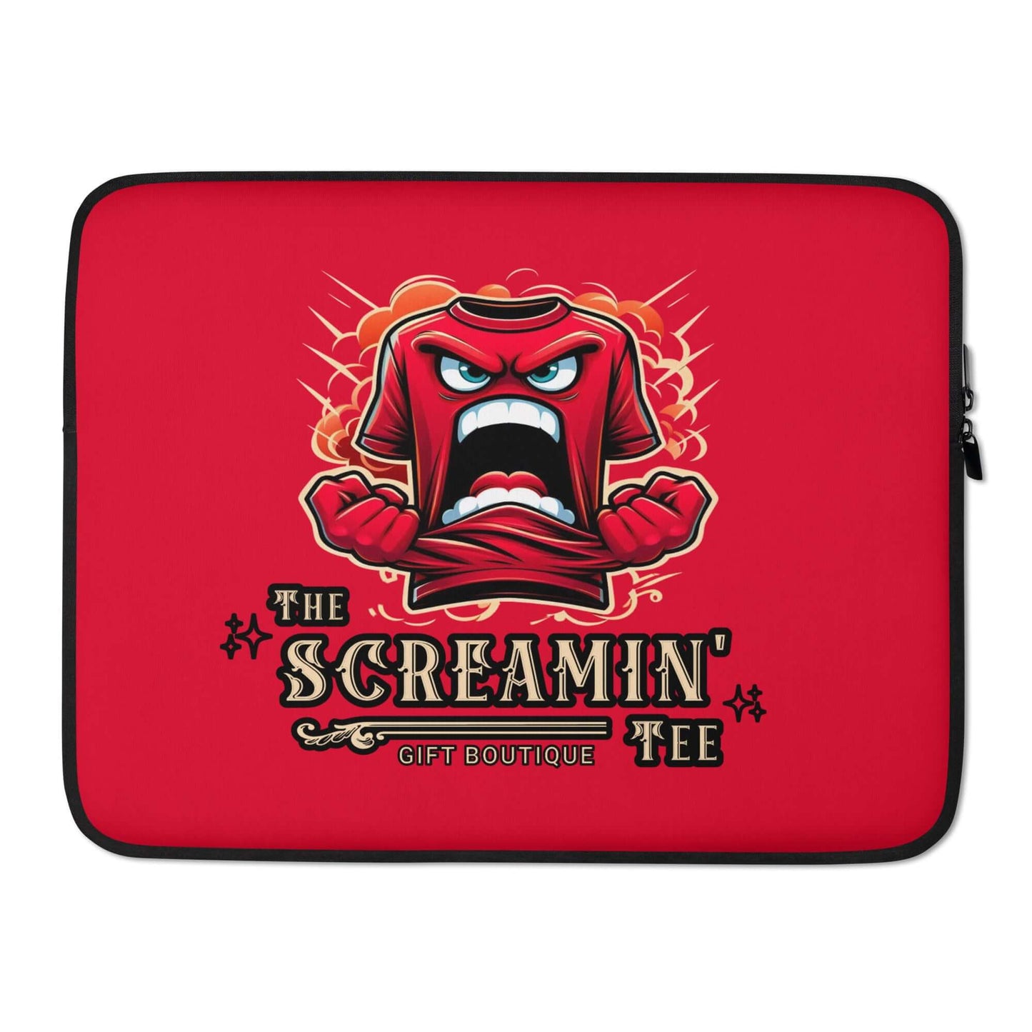 The Logo Laptop Sleeve | Ruby, red neoprene case with graphic of screaming shirt and boutique logo.