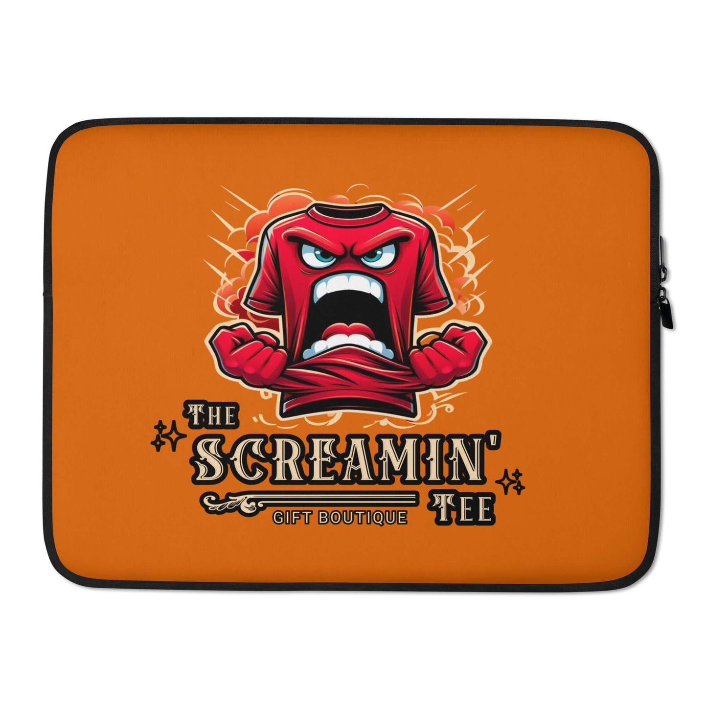 The Logo Laptop Sleeve | Jasper featuring a vibrant orange design with a graphic of a screaming t-shirt.