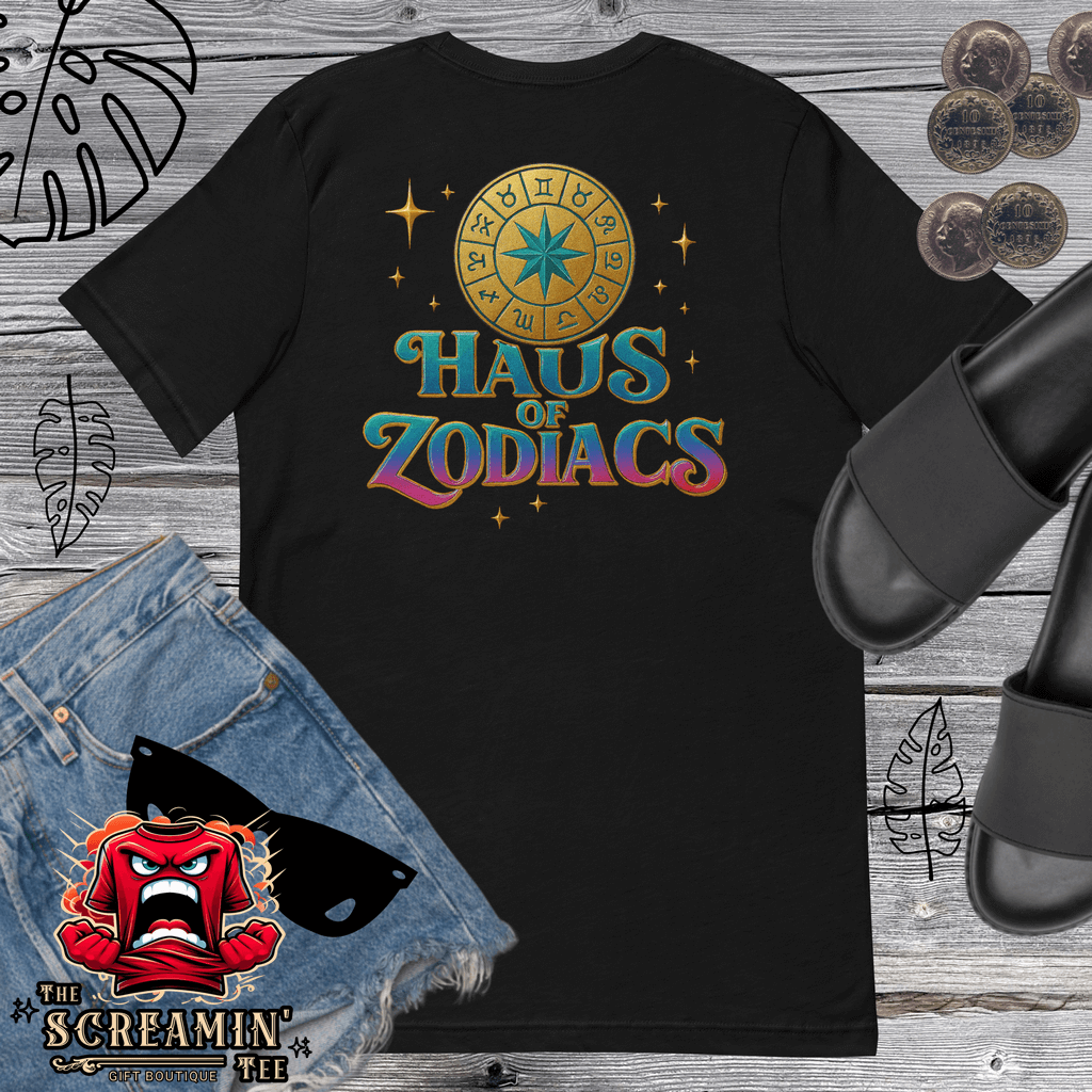 Haus Of Zodiac T-Shirt | Aqua D'Aura (Aquarius) black tee with zodiac graphic on back, styled with denim shorts and sandals.