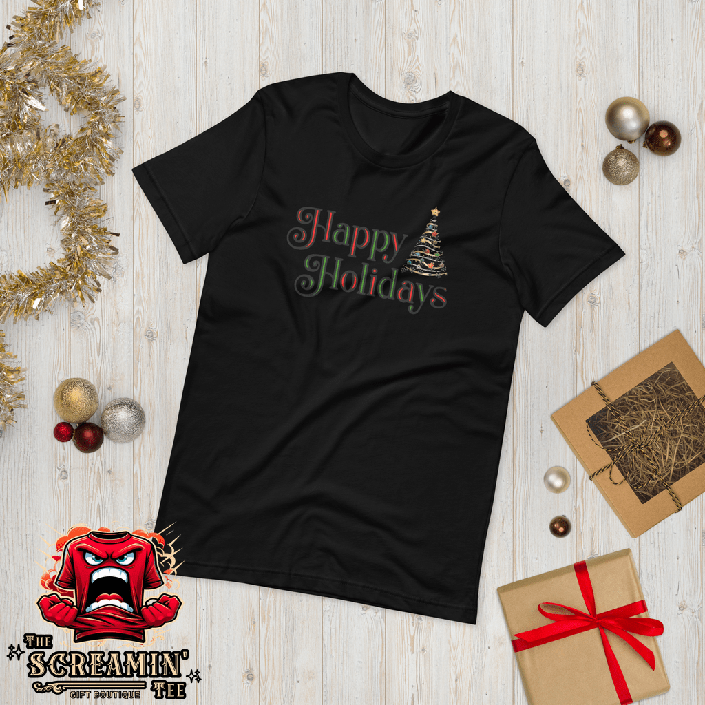 HAPPY HOLIDAYS UNISEX TSHIRT - TRADITIONAL COLORS - The Screamin' Tee