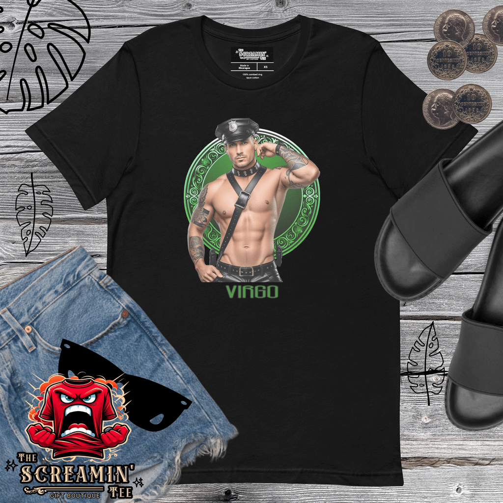 Haus Of Zodiac T-Shirt | Leatherman Griffin (Virgo) featuring a model in a black tee with Virgo design.