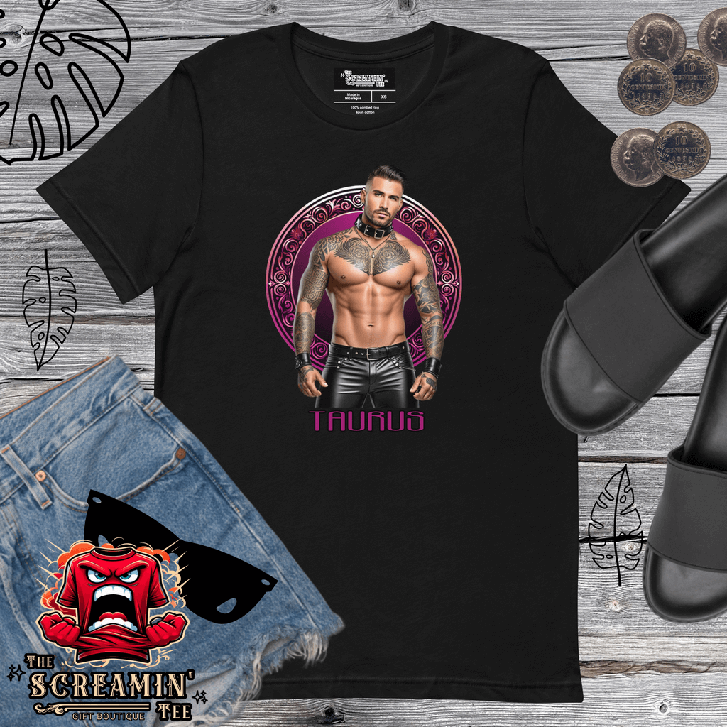 Haus Of Zodiac T-Shirt | Leatherman Bronson (Taurus) featuring a muscular man, stylish design, and casual outfit elements.