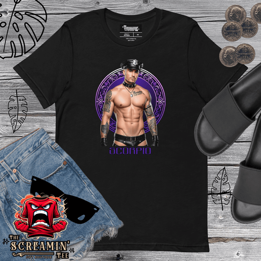 Haus Of Zodiac T-Shirt | Leatherman Kane (Scorpio) displayed on a black tee featuring a muscular model with accessories.