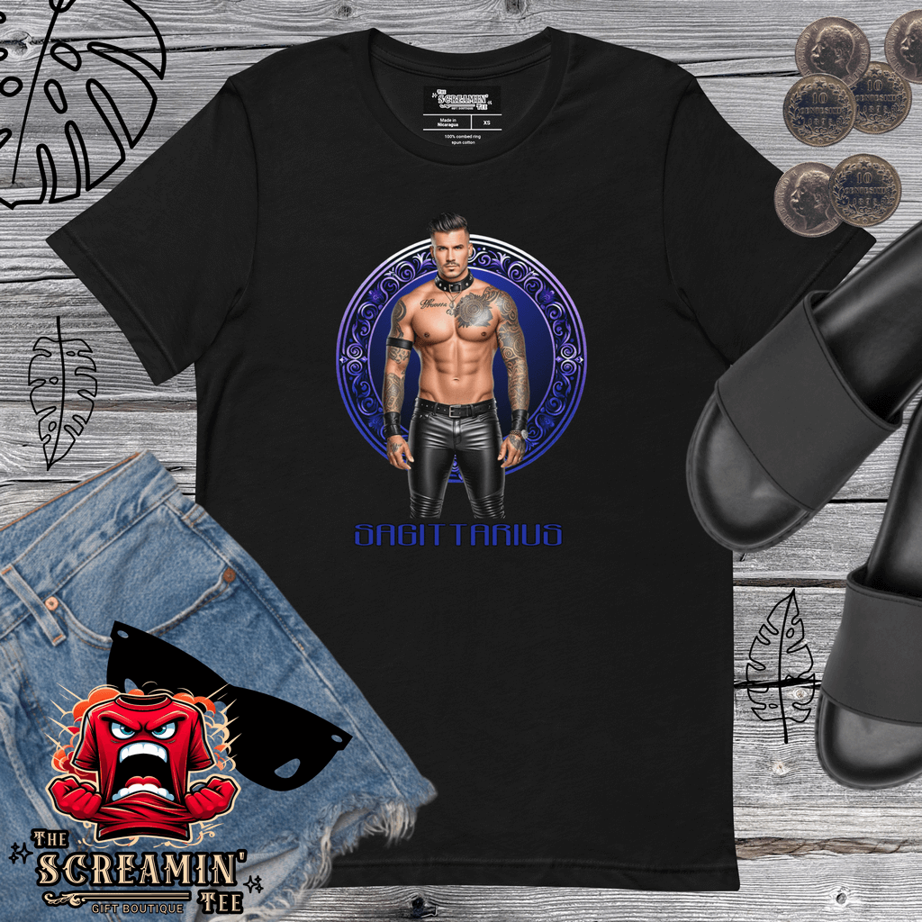 Haus Of Zodiac T-Shirt | Leatherman Dash (Sagittarius) black t-shirt with tattooed model, jeans, and sandals.