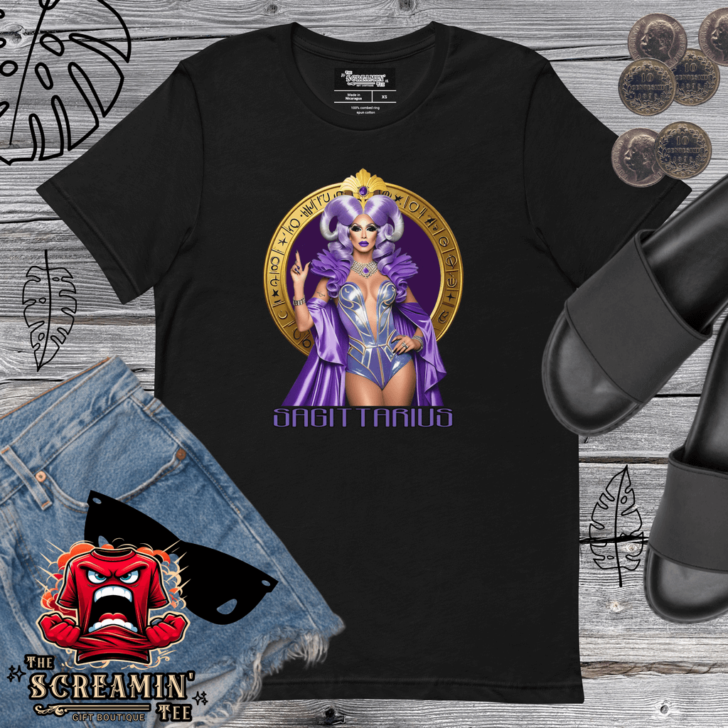 Haus Of Zodiac T-Shirt | Arrow A'Mour (Sagittarius) displayed with black t-shirt and shorts on wood background.