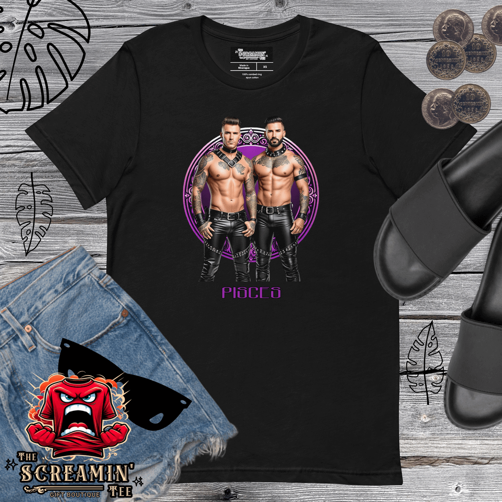Haus Of Zodiac T-Shirt | Leathermen Indigo & Koi (Pisces) featuring two muscular models in a vibrant design.