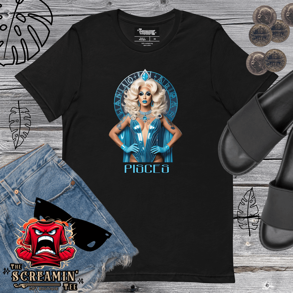 Haus Of Zodiac T-Shirt | Oceania Dreams (Pisces) with vibrant graphic design against a stylish black tee, ideal for casual wear.