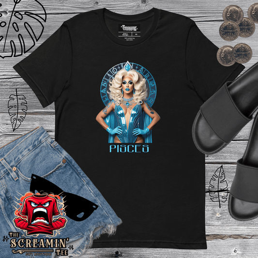 Haus Of Zodiac T-Shirt | Oceania Dreams (Pisces) with vibrant graphic design against a stylish black tee, ideal for casual wear.