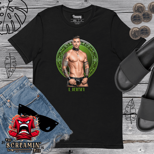 Haus Of Zodiac T-Shirt | Leatherman Pierce (Libra) displayed with denim shorts and sandals.