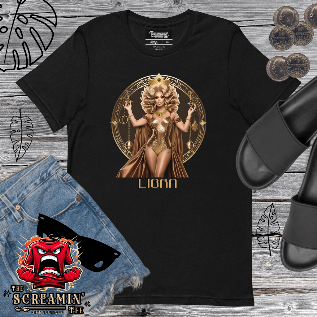 Haus Of Zodiac T-Shirt | Justica Devine (Libra) design featuring a stylish Libra graphic on a black tee.