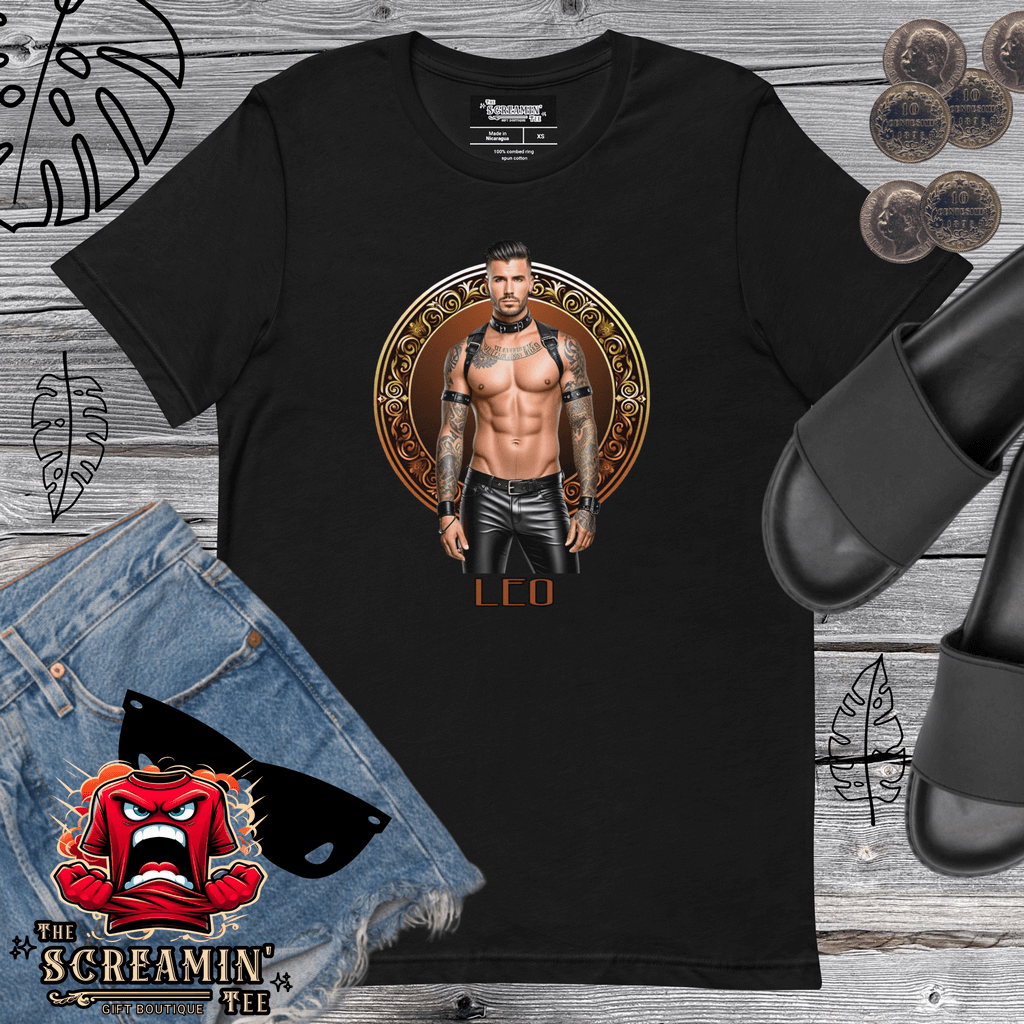 Haus Of Zodiac T-Shirt | Leatherman Blaze (Aries) featuring a Leo graphic on a black cotton tee.