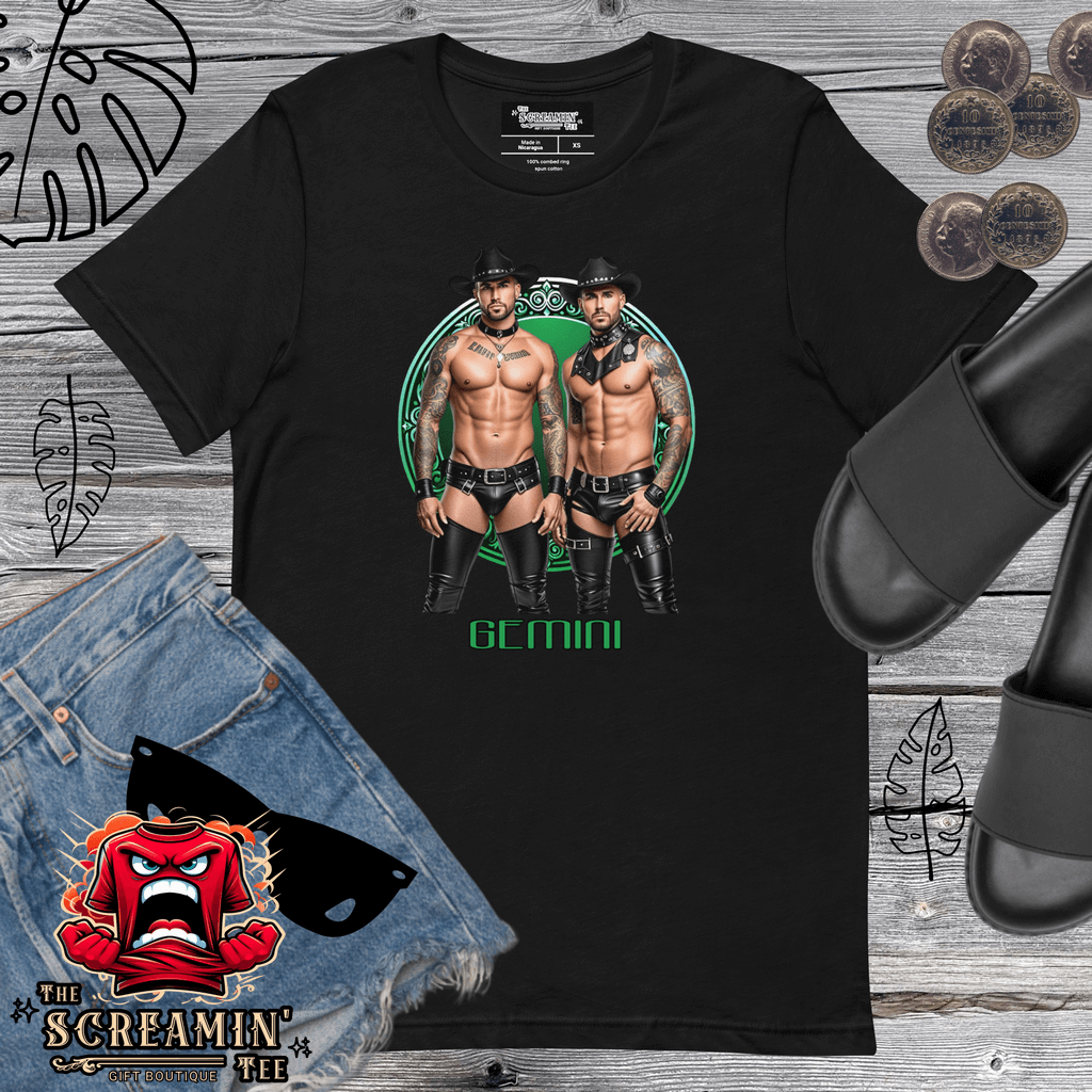 Haus Of Zodiac T-Shirt | Leathermen Fin & Cade (Gemini) featuring two men in black tank tops, showcasing a stylish design.