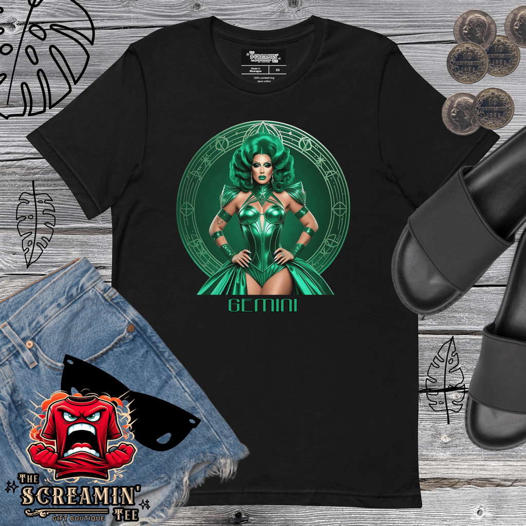 Haus Of Zodiac T-Shirt | Duality Diva (Gemini) featuring a stylish design on a black tee with accessorized outfit.