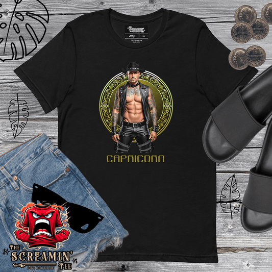 Haus Of Zodiac T-Shirt | Leatherman Sterling (Capricorn) displayed on a black tee with stylish accessories.