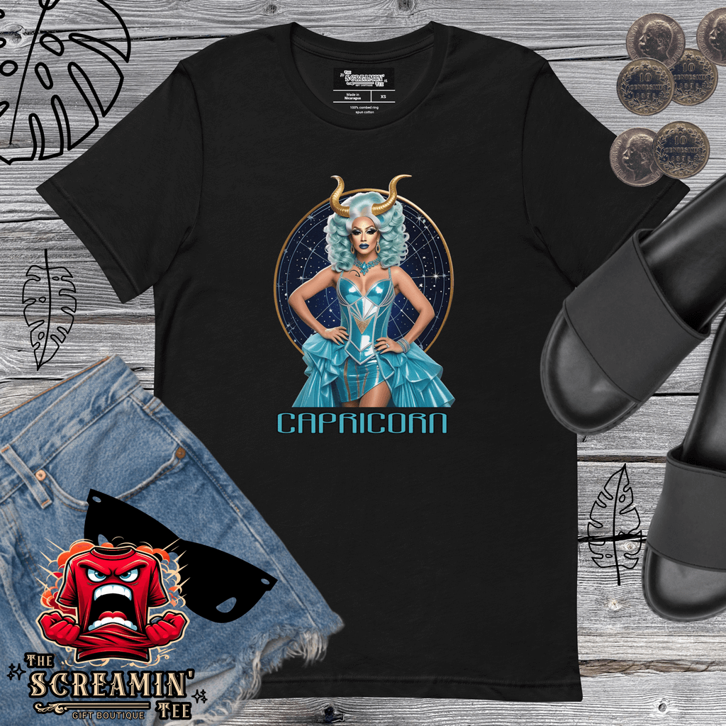Haus Of Zodiac T-Shirt | Go-Tya Glamour (Capricorn) featuring a stylish Capricorn graphic on a black tee.