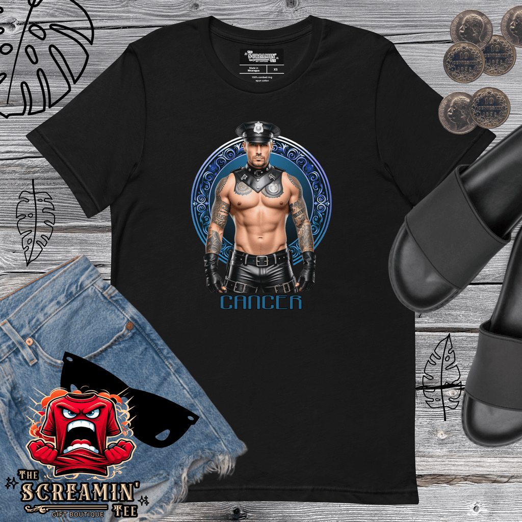 Haus Of Zodiac T-Shirt | Leatherman Ronan (Cancer) displayed on a black tee with denim shorts and sandals.