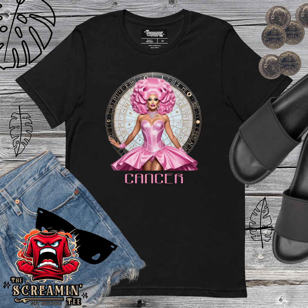 Haus Of Zodiac T-Shirt | Shell We Dance (Cancer) featuring a pink-haired model on a black tee.
