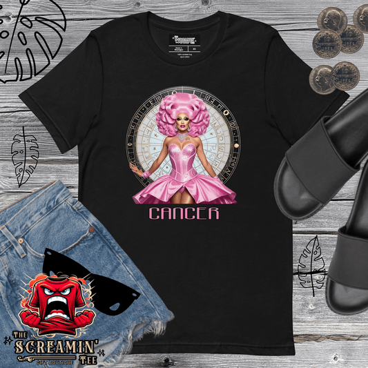 Haus Of Zodiac T-Shirt | Shell We Dance (Cancer) featuring a pink-haired model on a black tee.