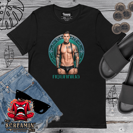 Haus Of Zodiac T-Shirt | Leatherman Kai (Aquarius) featuring a stylish graphic and laid-back look with shorts and slides.