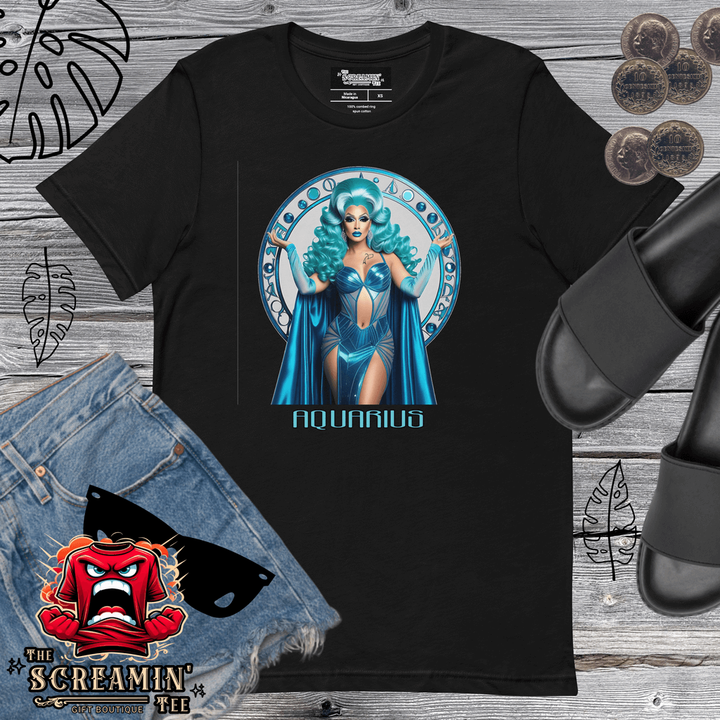 Haus Of Zodiac T-Shirt | Aqua D'Aura (Aquarius) displayed on a black tee with stylish accessories.