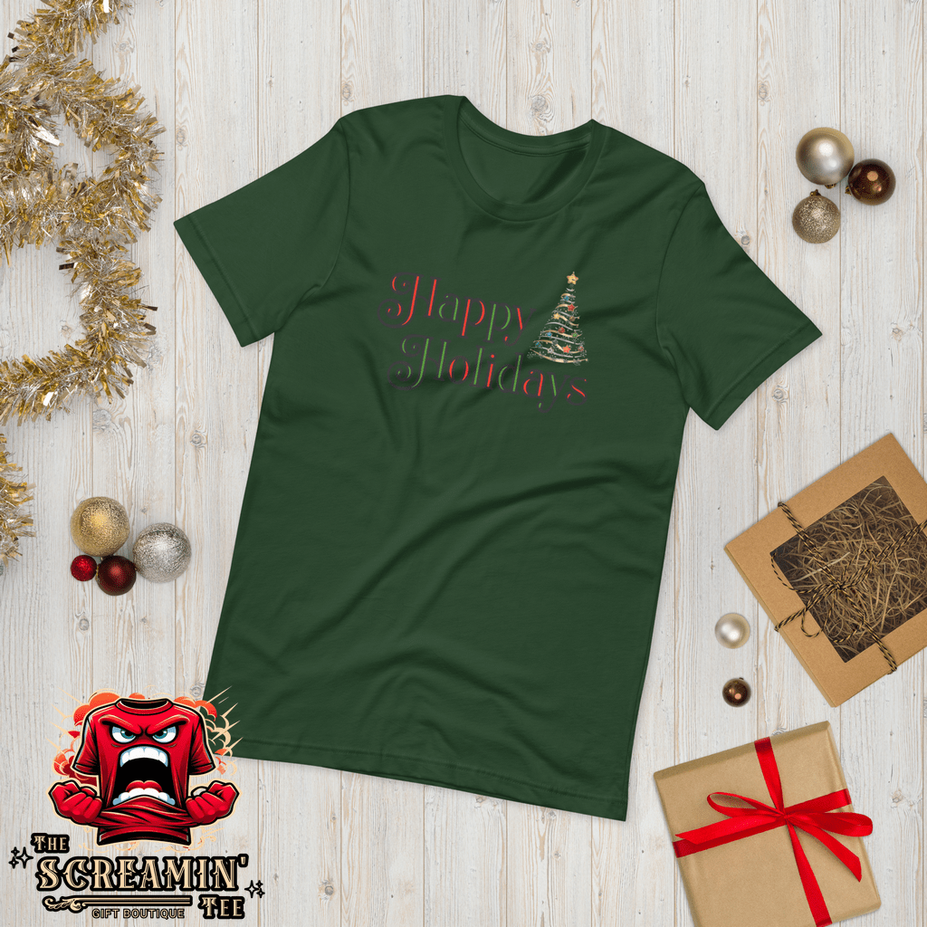 HAPPY HOLIDAYS UNISEX TSHIRT - TRADITIONAL COLORS - The Screamin' Tee