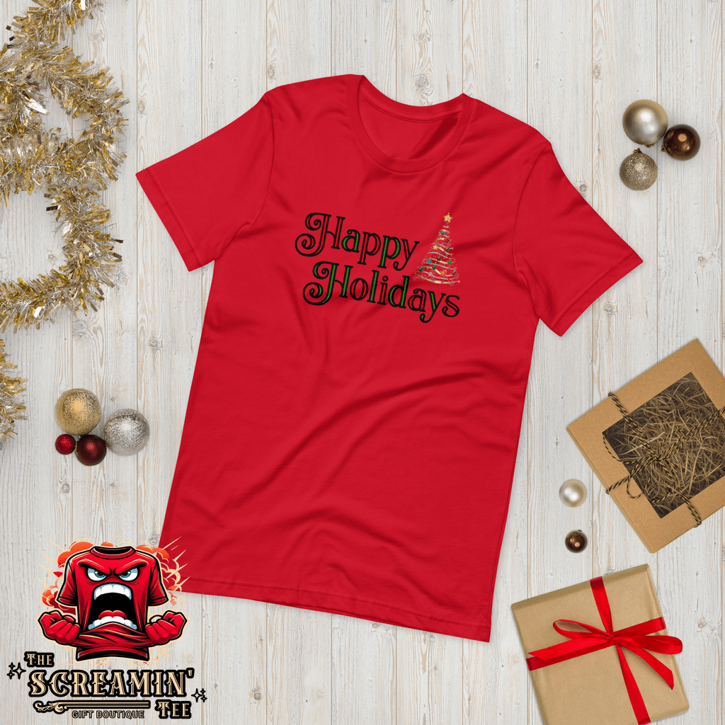 HAPPY HOLIDAYS UNISEX TSHIRT - TRADITIONAL COLORS - The Screamin' Tee