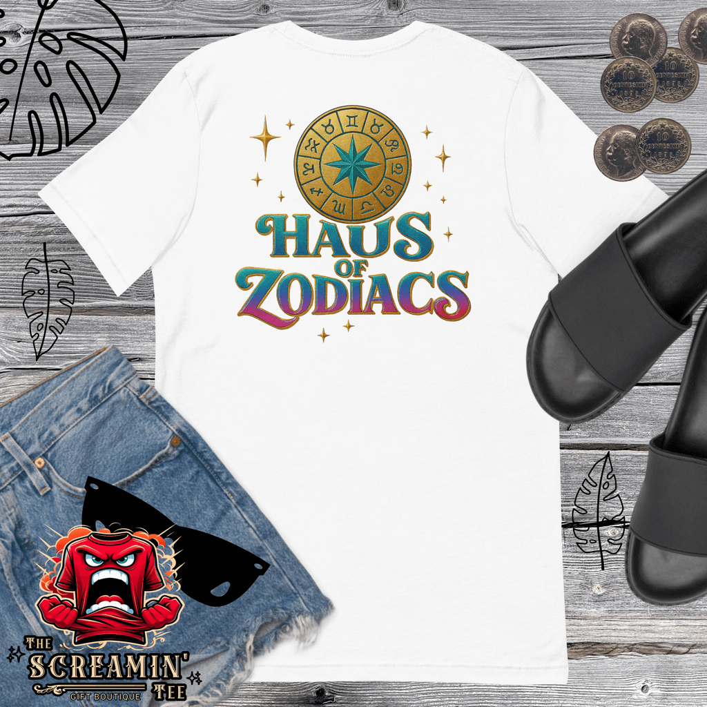 Haus Of Zodiac T-Shirt | Aqua D'Aura (Aquarius) design featuring zodiac symbols on a white tee shirt.