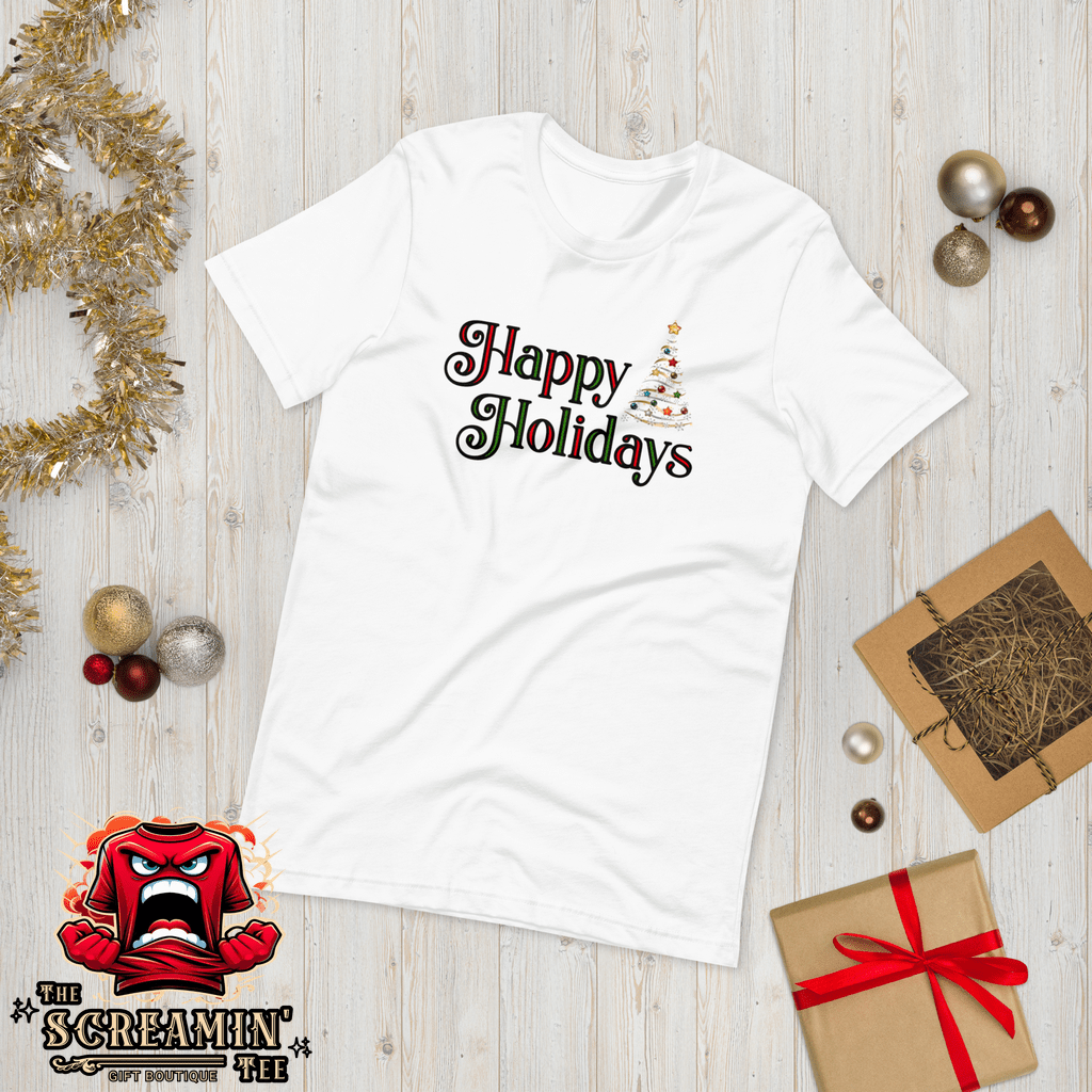 HAPPY HOLIDAYS UNISEX TSHIRT - TRADITIONAL COLORS - The Screamin' Tee