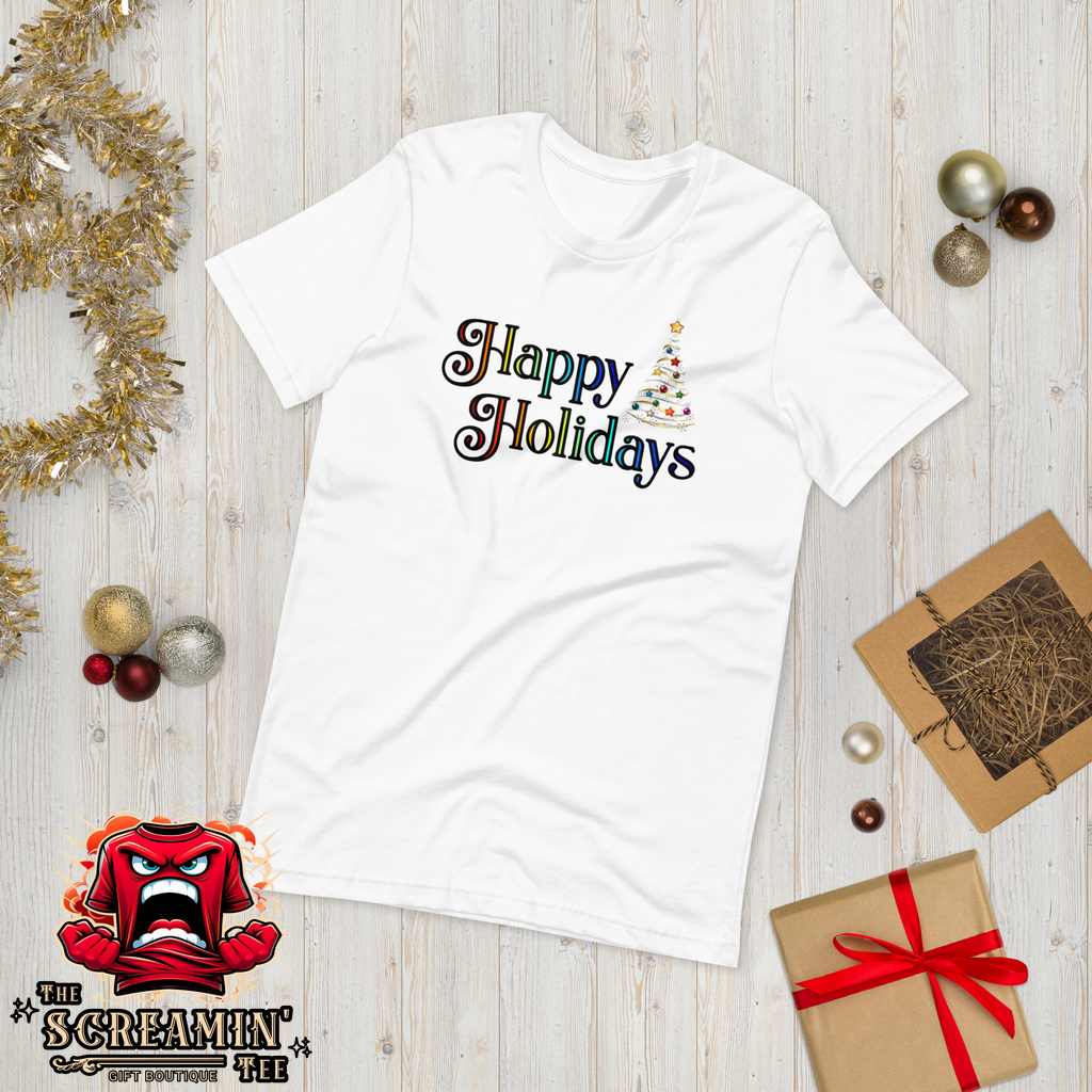 HAPPY HOLIDAYS UNISEX TSHIRT - RAINBOW COLORS