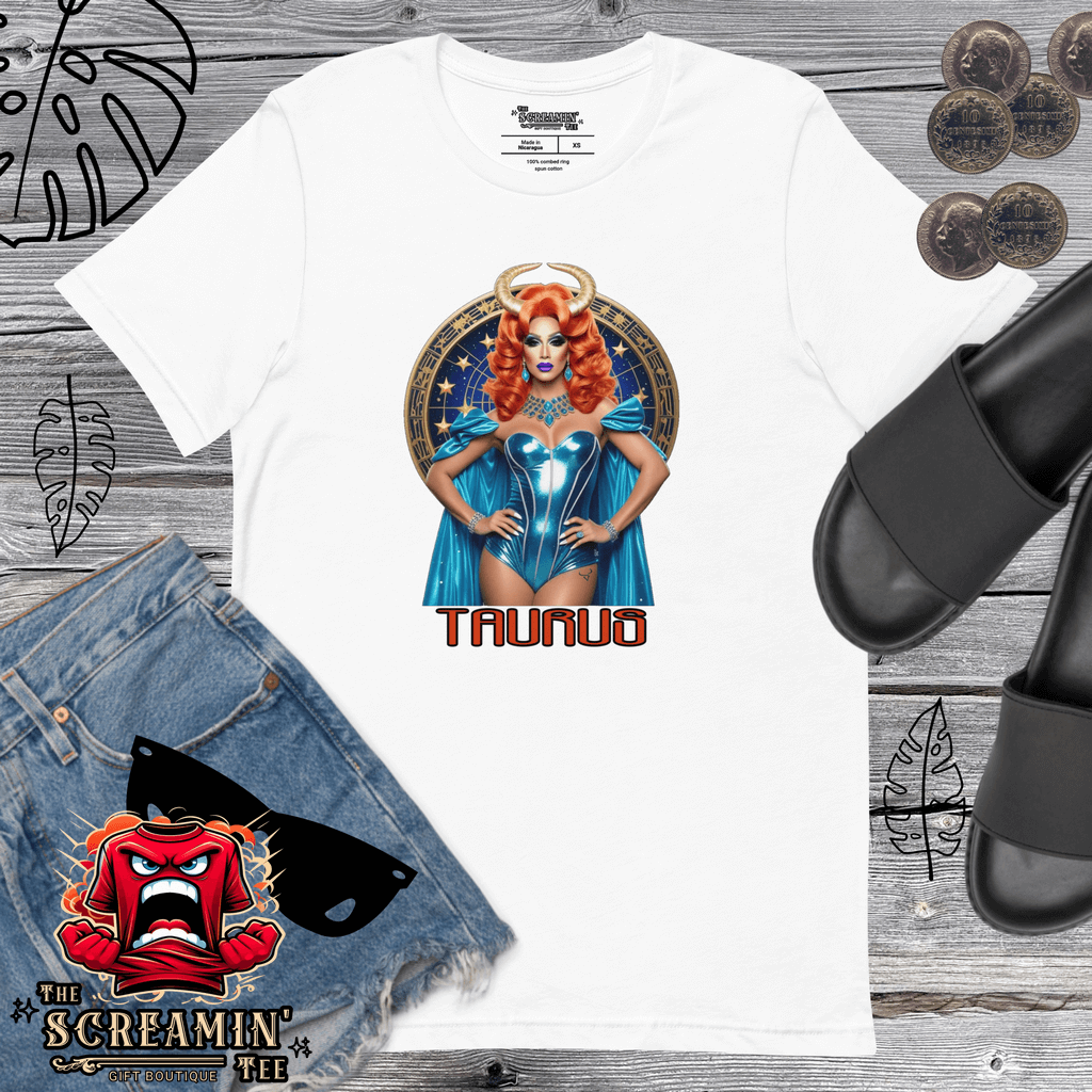 Haus Of Zodiac T-Shirt | Venus De-Milo (Taurus) with vibrant design featuring Taurus character on a white cotton tee.