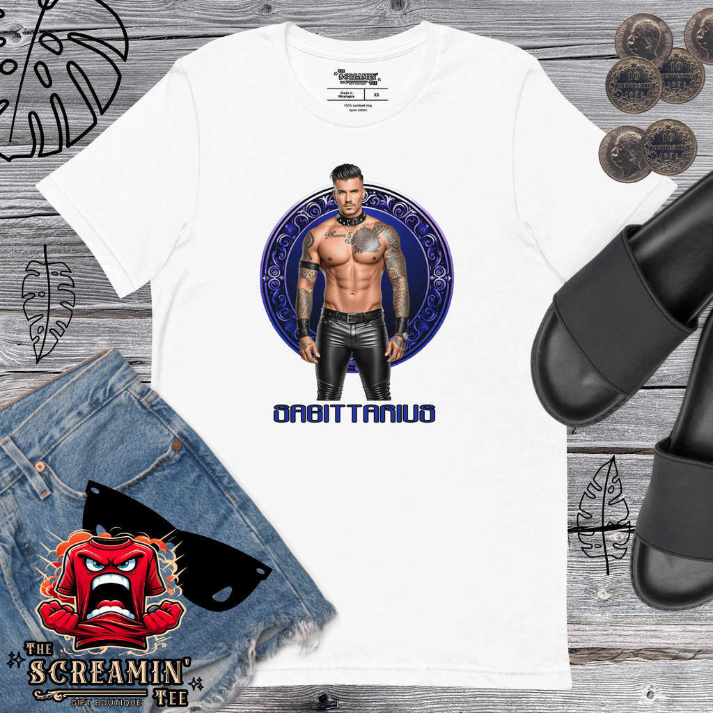 Haus Of Zodiac T-Shirt | Leatherman Dash (Sagittarius) featuring a model in a graphic tee on a casual outfit.