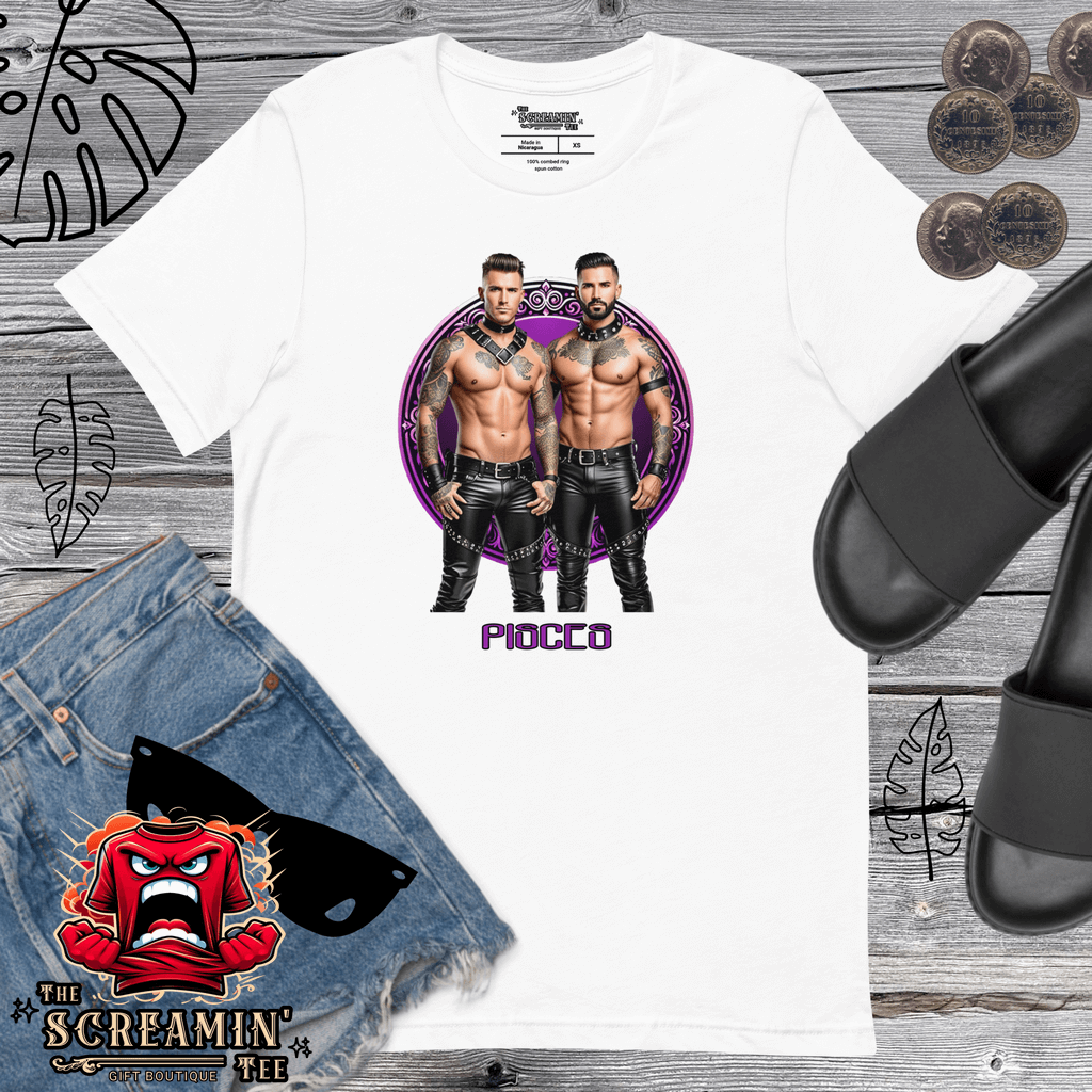 Haus Of Zodiac T-Shirt | Leathermen Indigo & Koi (Pisces) with graphic design of two models on a white background.