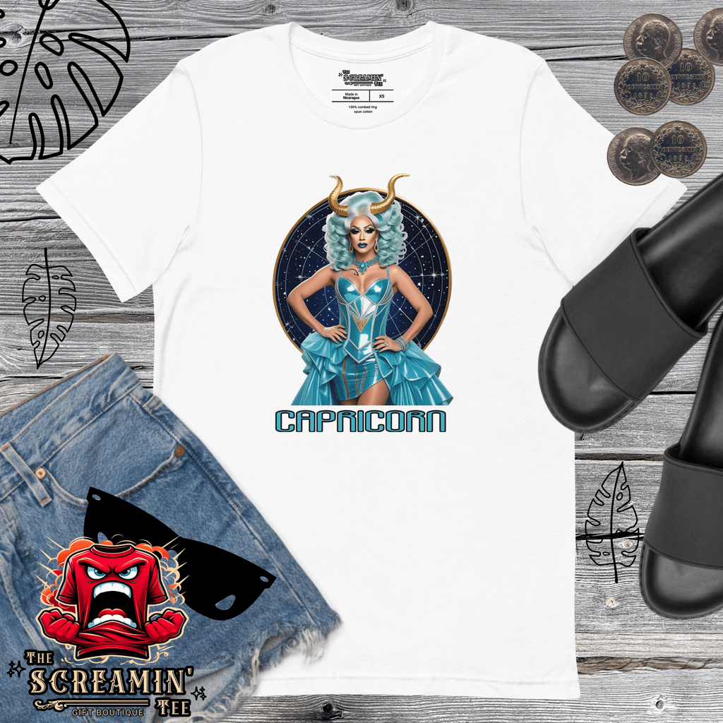 Haus Of Zodiac T-Shirt | Go-Tya Glamour (Capricorn) displayed with stylish shorts and sandals on a wooden surface.