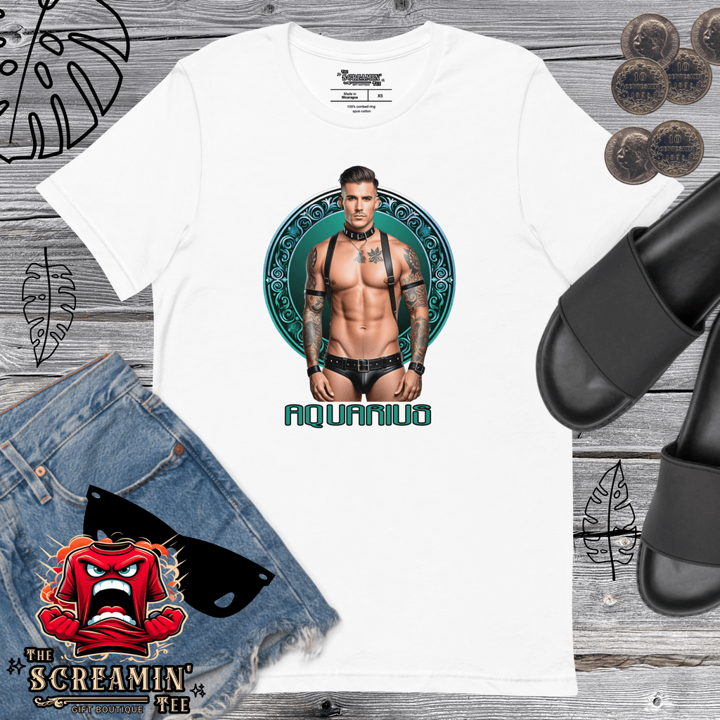 Haus Of Zodiac T-Shirt | Leatherman Kai (Aquarius) displayed with shorts and sandals, featuring a bold Aquarius design.